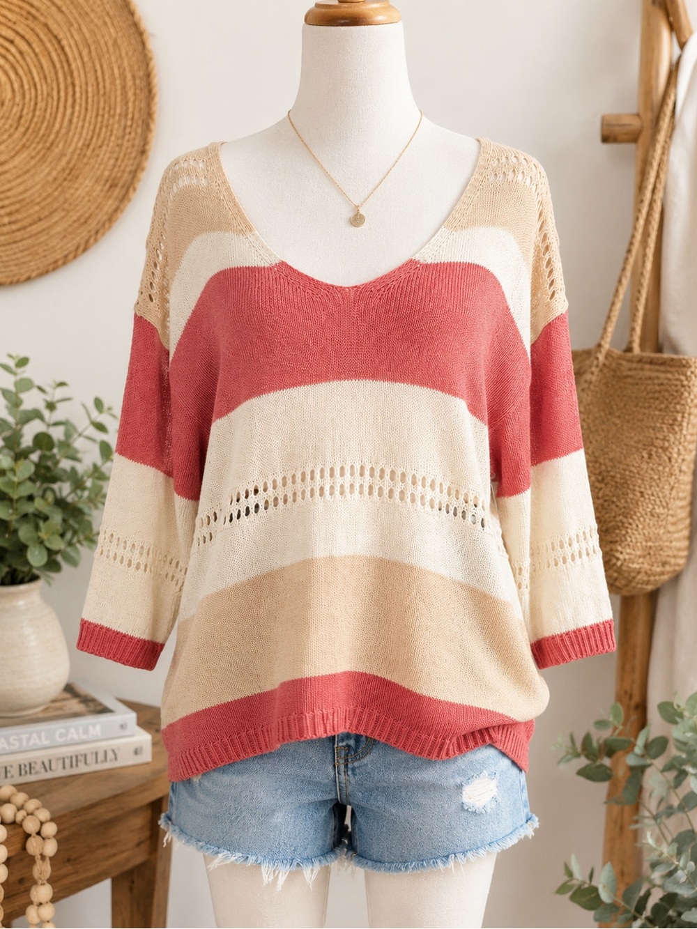 Open Knit Colorblock Sweater M Coastal Grandma Beachy Boho